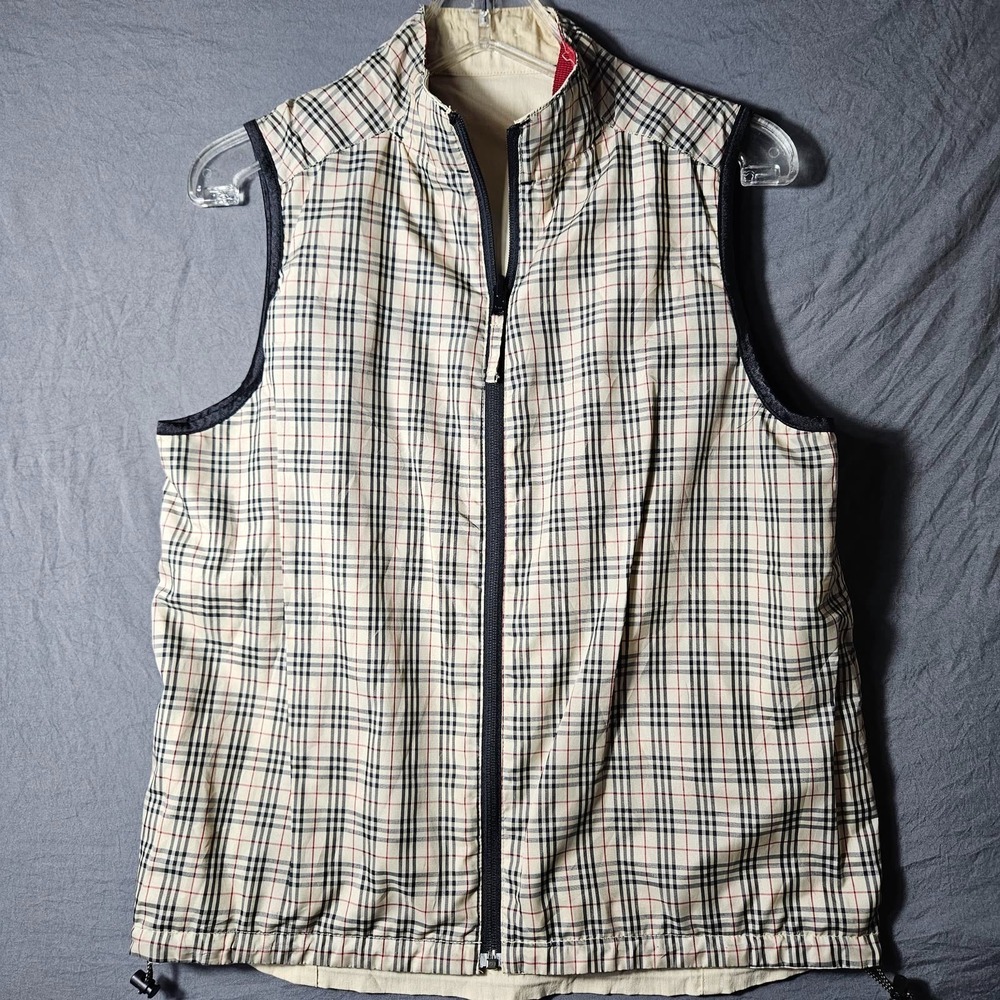 Spanner Reversible Vest Womens Petite M Tan Plaid Beige Full Zip Sleeveless